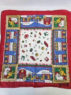 VINTAGE Christmas Square Bandana USA Made Paris Santa Reindeer 21" x 21"